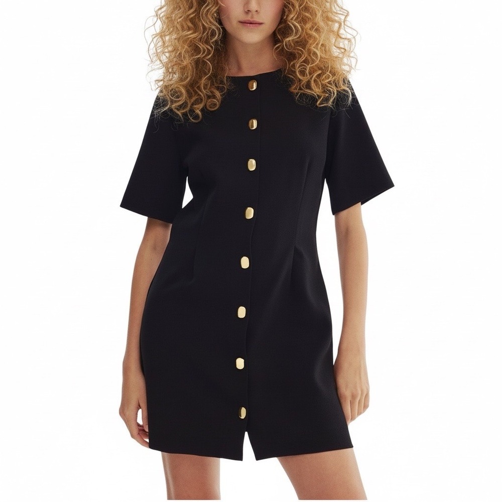 H&M Black Short Sleeve Gold Button Front Mini Dress Medium O/N 368209